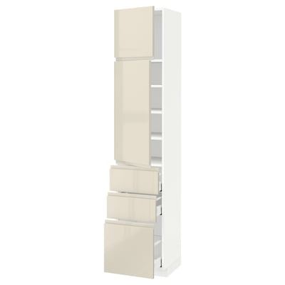 METOD / MAXIMERA Hi cab w shlvs/3 drawers/2 doors, white/Voxtorp high-gloss light beige, 40x41x200 cm