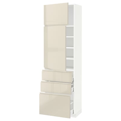METOD / MAXIMERA Hi cab w shlvs/3 drawers/2 doors, white/Voxtorp high-gloss light beige, 60x41x200 cm