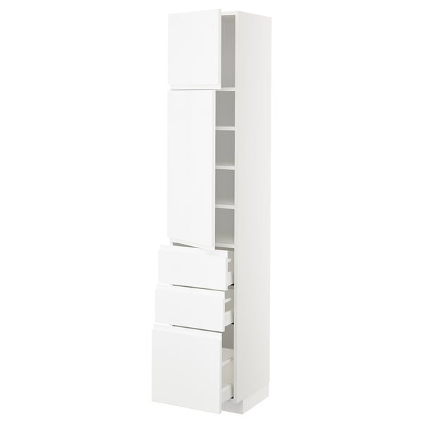 METOD / MAXIMERA Hi cab w shlvs/3 drawers/2 doors, white/Voxtorp high-gloss/white, 40x41x200 cm