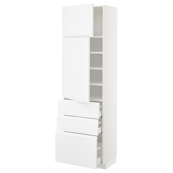 METOD / MAXIMERA Hi cab w shlvs/3 drawers/2 doors, white/Voxtorp high-gloss/white, 60x41x200 cm