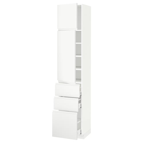 A white ikea METOD kitchen cabinet with minimalist design, featuring drawers and shelves.