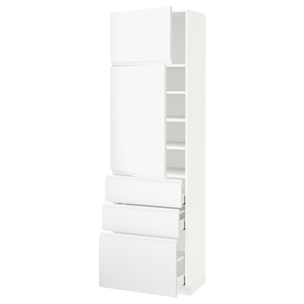METOD / MAXIMERA Hi cab w shlvs/3 drawers/2 doors, white/Voxtorp matt white, 60x41x200 cm