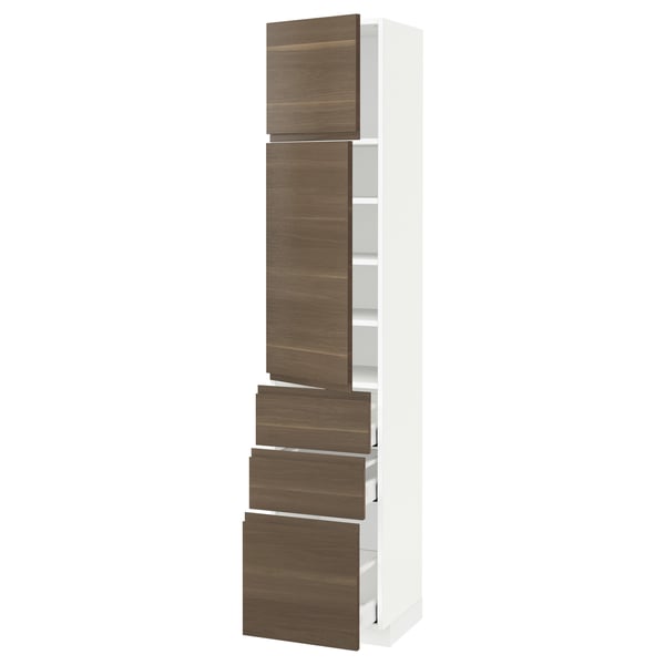 METOD / MAXIMERA Hi cab w shlvs/3 drawers/2 doors, white/Voxtorp walnut effect, 40x41x200 cm