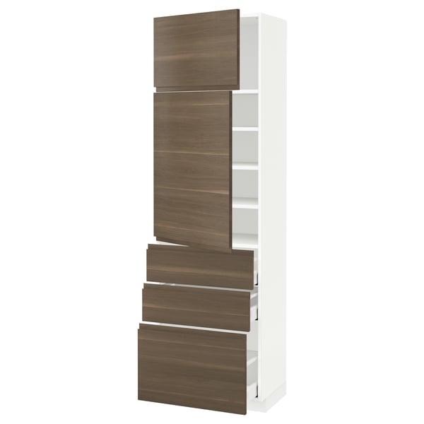 METOD / MAXIMERA Hi cab w shlvs/3 drawers/2 doors, white/Voxtorp walnut effect, 60x41x200 cm