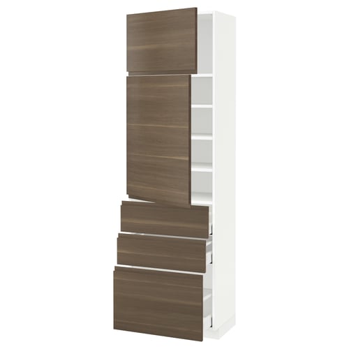 Modern tall white kitchen cabinet with dark walnut shelves and drawers.