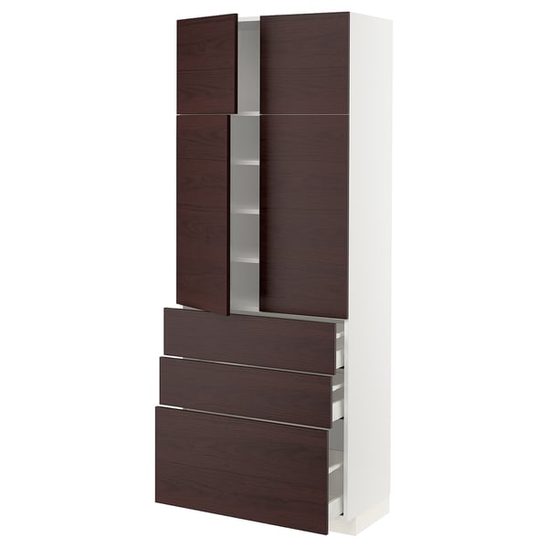 METOD / MAXIMERA Hi cab w shlvs/3drawers/4 doors, white Askersund/dark brown ash effect, 80x41x200 cm