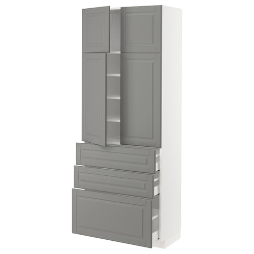Grey METOD kitchen unit, five doors and three drawers, modern classic design, grey and white.