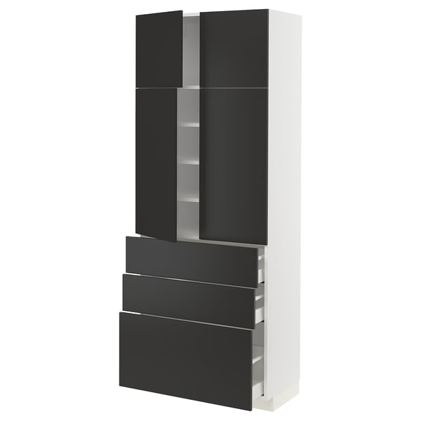 METOD / MAXIMERA Hi cab w shlvs/3drawers/4 doors, white/Nickebo matt anthracite, 80x41x200 cm