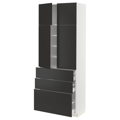 Modern black and white kitchen cabinet, slim design, with various storage options including drawers and shelves.