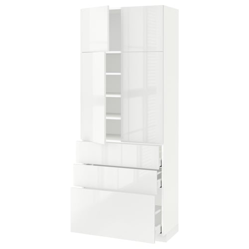 METOD kitchen unit, white, glossy, tall storage with drawers, modern, clean design.