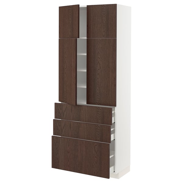METOD / MAXIMERA Hi cab w shlvs/3drawers/4 doors, white/Sinarp brown, 80x41x200 cm