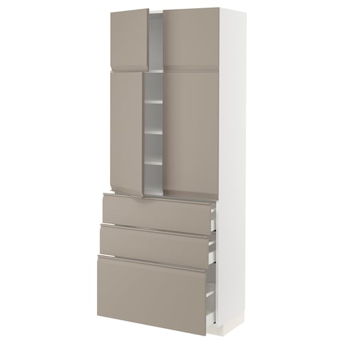 Modern kitchen cabinet in beige with integrated handles and adjustable shelves.