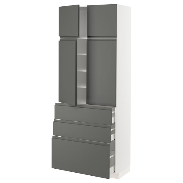 METOD / MAXIMERA Hi cab w shlvs/3drawers/4 doors, white/Voxtorp dark grey, 80x41x200 cm