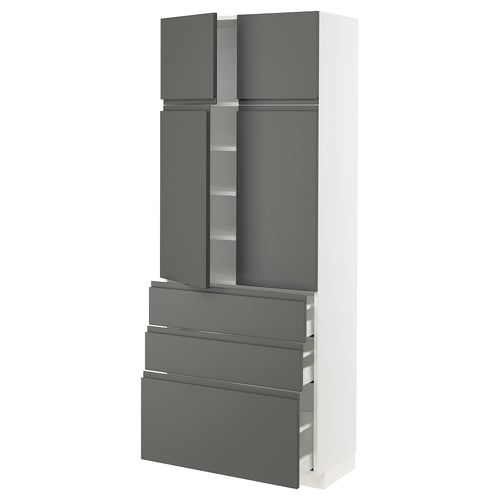 Modern kitchen storage: METOD unit with dark grey voxtorp fronts, three doors, three drawers, sleek handle-less design.