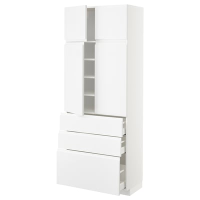 METOD / MAXIMERA Hi cab w shlvs/3drawers/4 doors, white/Voxtorp high-gloss/white, 80x41x200 cm