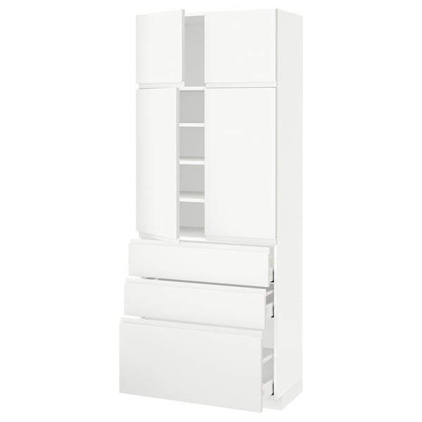 METOD / MAXIMERA Hi cab w shlvs/3drawers/4 doors, white/Voxtorp matt white, 80x41x200 cm