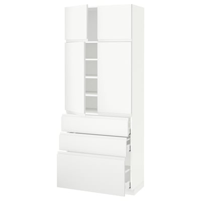 METOD / MAXIMERA Hi cab w shlvs/3drawers/4 doors, white/Voxtorp matt white, 80x41x200 cm