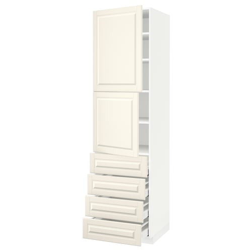 METOD white kitchen cabinet with bevelled off-white drawers and doors.