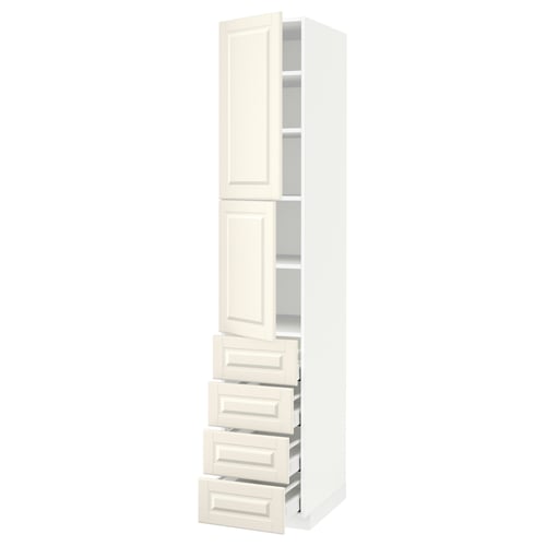 A white METOD kitchen cabinet with bevelled edges, featuring both doors and drawers.