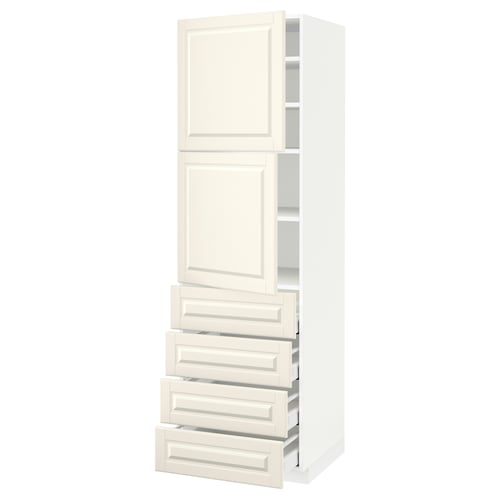 Off-white METOD kitchen cabinet with bevelled doors and drawers. Tall, rectangular, adjustable shelves, four drawers with smooth runners.