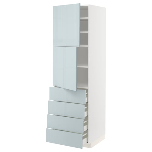 METOD kitchen cabinet. White, high, tall with gray-blue, glossy doors & drawers.