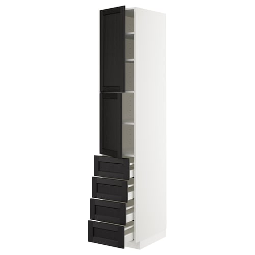 White ikea METOD kitchen cabinet with black-stained wood, tall rectangle, open shelves.