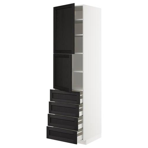 A white METOD kitchen cabinet with stained black lerhyttan doors and drawers, showcasing a traditional design with a modern twist.