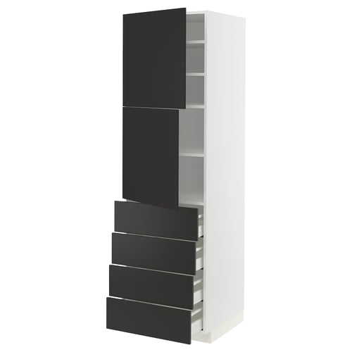 METOD kitchen unit, white with black drawers and doors. Modern, minimalist design with adjustable shelves and soft-closing drawers.