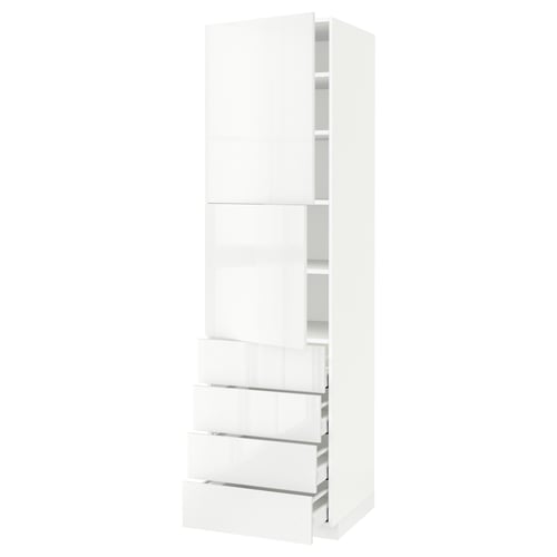 METOD white kitchen cabinet with glossy finish, rectangular shape, multiple shelves, and drawers.