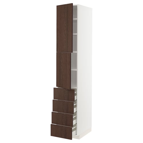 Slim white METOD kitchen cabinet with dark brown sinarp drawers and shelves.