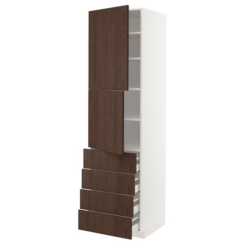 A tall white kitchen cabinet with dark brown wooden doors and drawers. It multiple shelves and drawers for storage.
