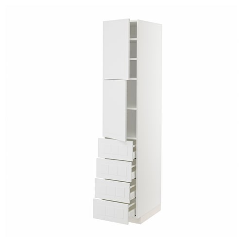 A white ikea METOD kitchen cabinet with a tall, rectangular shape featuring four pull-out drawers and adjustable shelves.