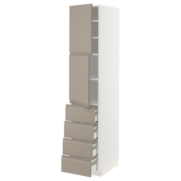 METOD / MAXIMERA Hi cab w shlvs/4 drawers/2 doors, white/Upplöv matt dark beige, 40x60x200 cm