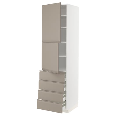 METOD / MAXIMERA Hi cab w shlvs/4 drawers/2 doors, white/Upplöv matt dark beige, 60x60x220 cm
