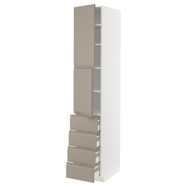 METOD / MAXIMERA Hi cab w shlvs/4 drawers/2 doors, white/Upplöv matt dark beige, 40x60x220 cm