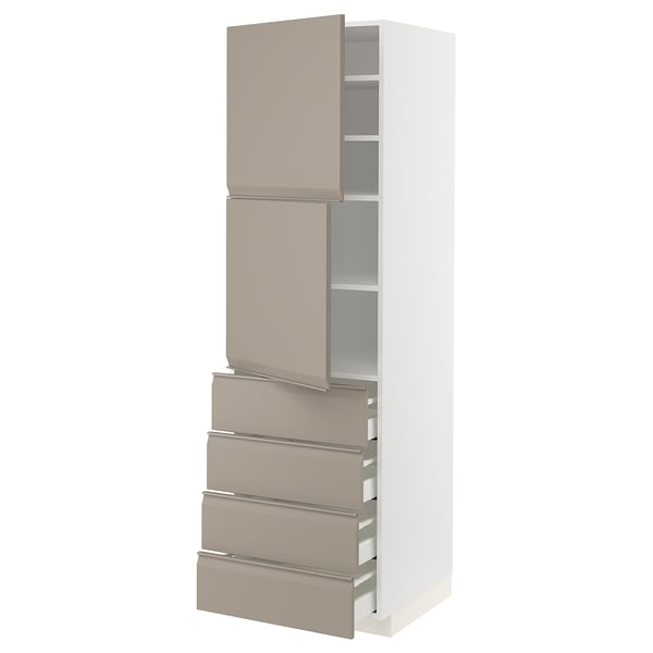 METOD / MAXIMERA Hi cab w shlvs/4 drawers/2 doors, white/Upplöv matt dark beige, 60x60x200 cm
