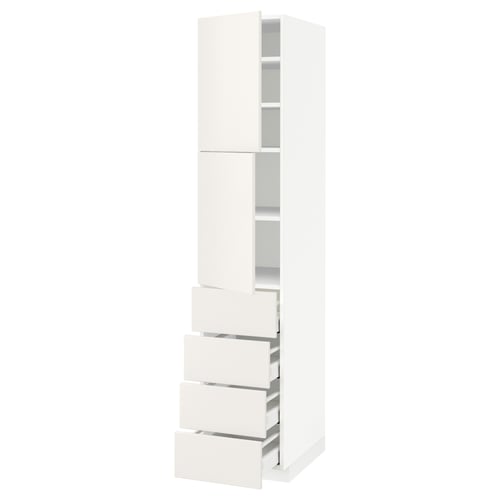 A white METOD kitchen cabinet in a modern design. It has multiple drawers and shelves.