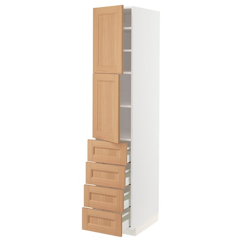METOD kitchen unit: tall, white, oak doors, drawers, adjustable shelves.