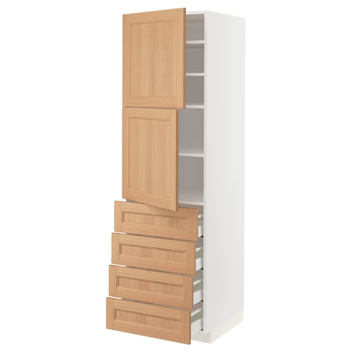 White kitchen cabinet with oak drawers and doors.