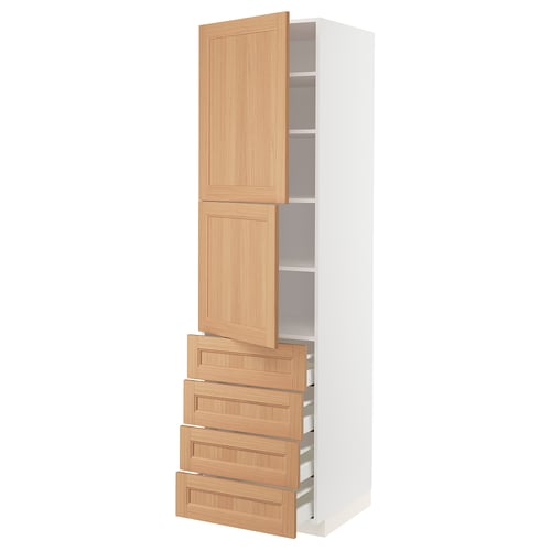 White METOD kitchen unit with oak drawers and doors, modern design.