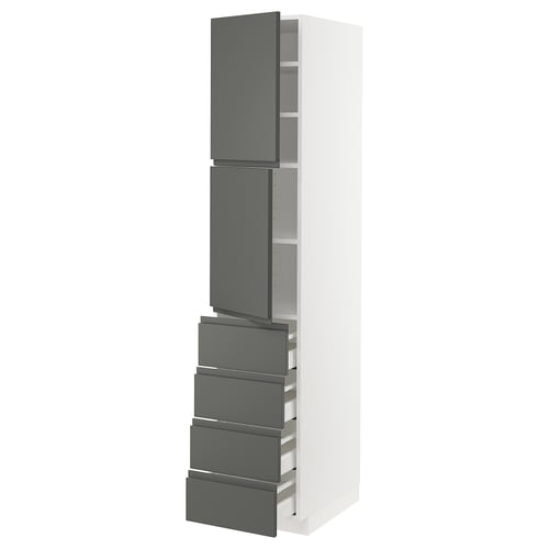 A tall, modern white kitchen cabinet with dark grey drawers and doors. It has a sleek design featuring a mix of drawers and shelves.