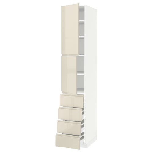Modern beige kitchen cabinet, tall, high-gloss finish with integrated handles.