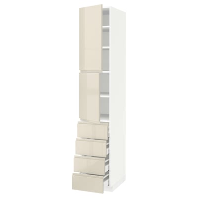 Modern beige kitchen cabinet, tall, high-gloss finish with integrated handles.