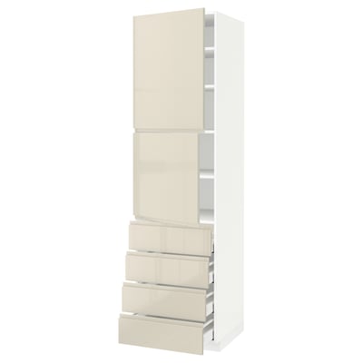 METOD / MAXIMERA Hi cab w shlvs/4 drawers/2 doors, white/Voxtorp high-gloss light beige, 60x60x220 cm