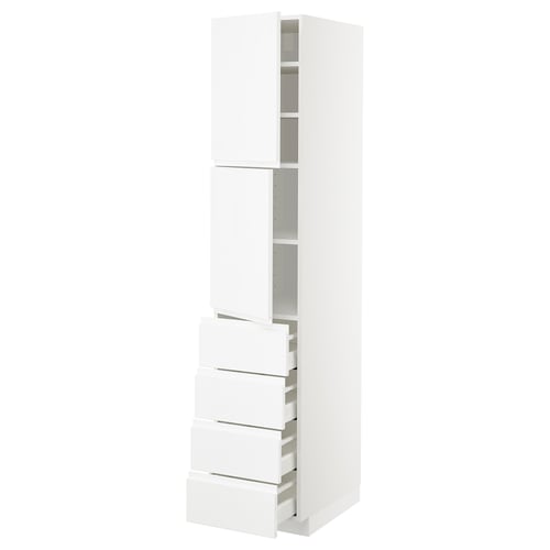 White METOD cabinet with high gloss finish, tall and rectangular, featuring multiple drawers and shelves for storage.