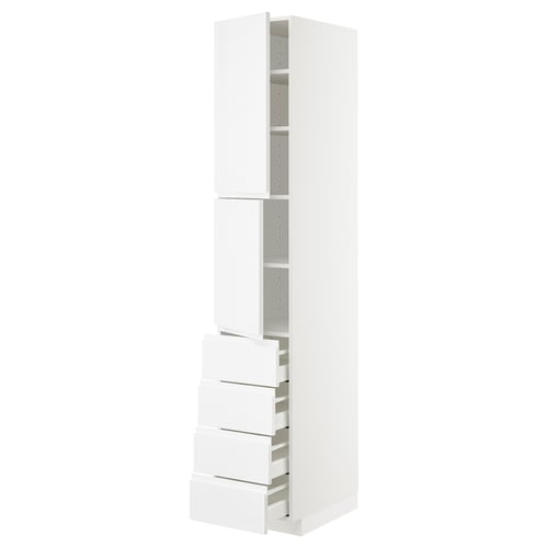 METOD tall white kitchen unit with glossy drawers and shelves.