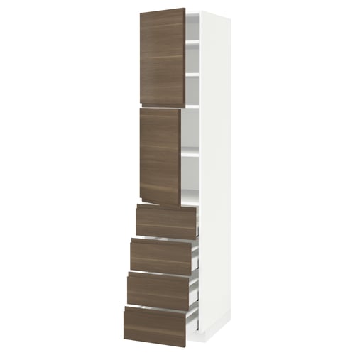 White and walnut vertical cabinet with drawers and doors.