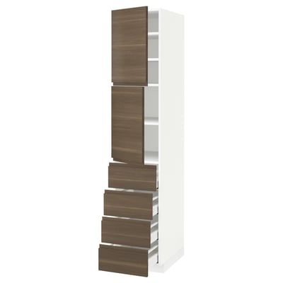 METOD / MAXIMERA Hi cab w shlvs/4 drawers/2 doors, white/Voxtorp walnut effect, 40x60x200 cm