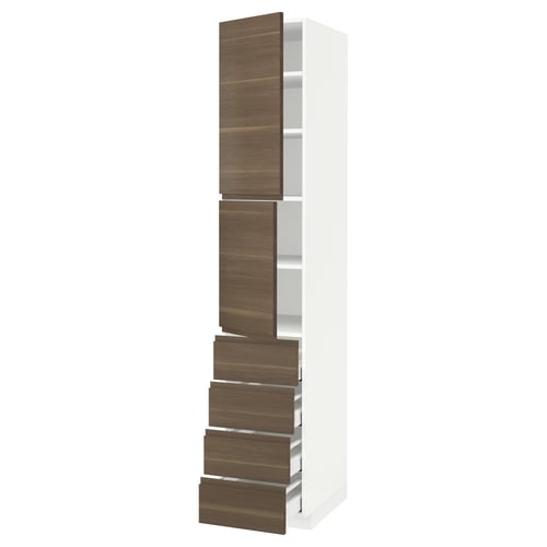 Ikea METOD tall white kitchen cabinet with dark walnut effect drawers and doors.