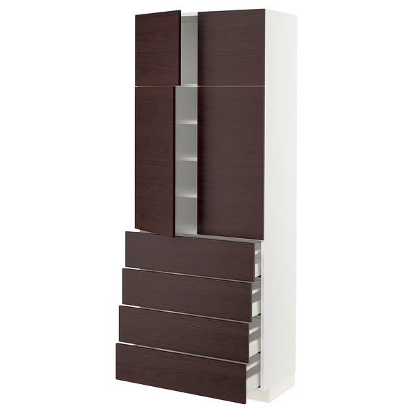 METOD / MAXIMERA Hi cab w shlvs/4 drawers/4 doors, white Askersund/dark brown ash effect, 80x41x200 cm